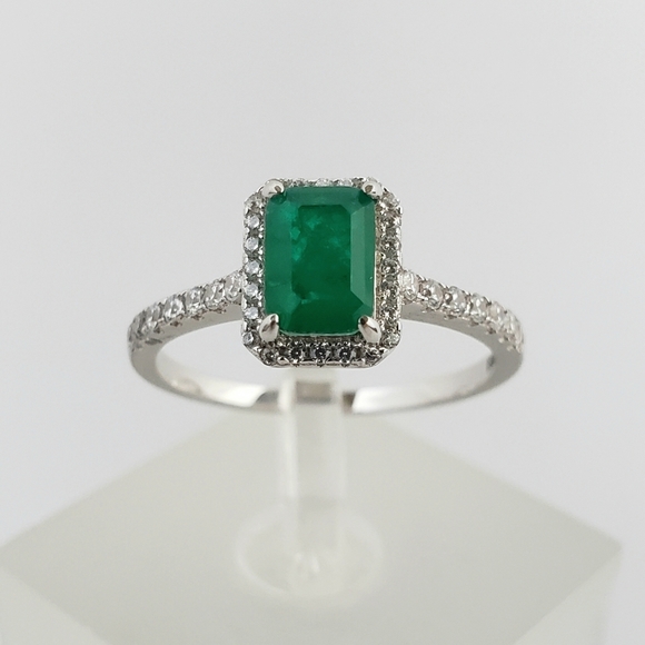 Sterling Natural 1ct Emerald and Diamonds Ring